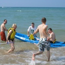 Mom has a little trouble getting in the kayak