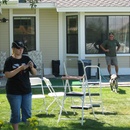 Linsey, Bob (the dog) and Mike, setting up for the wedding